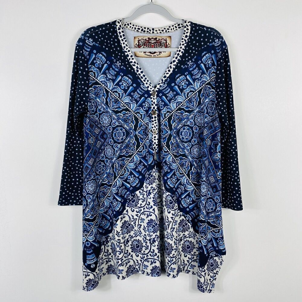 Amma Size Small Mixed Print Long Sleeve Tunic Top Blue Casual Boho